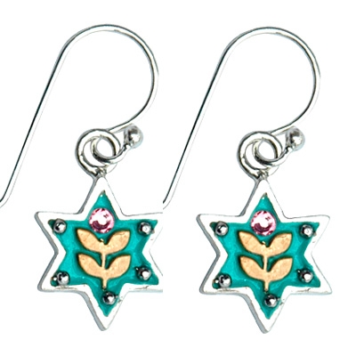 Enamel and Silver  Star of David Earrings - Golden Leaves